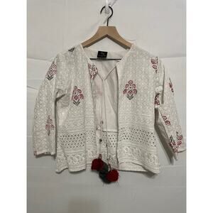 Unique 333 by Jif Open Front Blazer Embroidered Sequin Pom Pom Tassels M